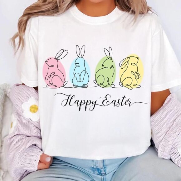 Tops - Colorful Pastel Bunny Shirt, Easter Eggs T-shirt